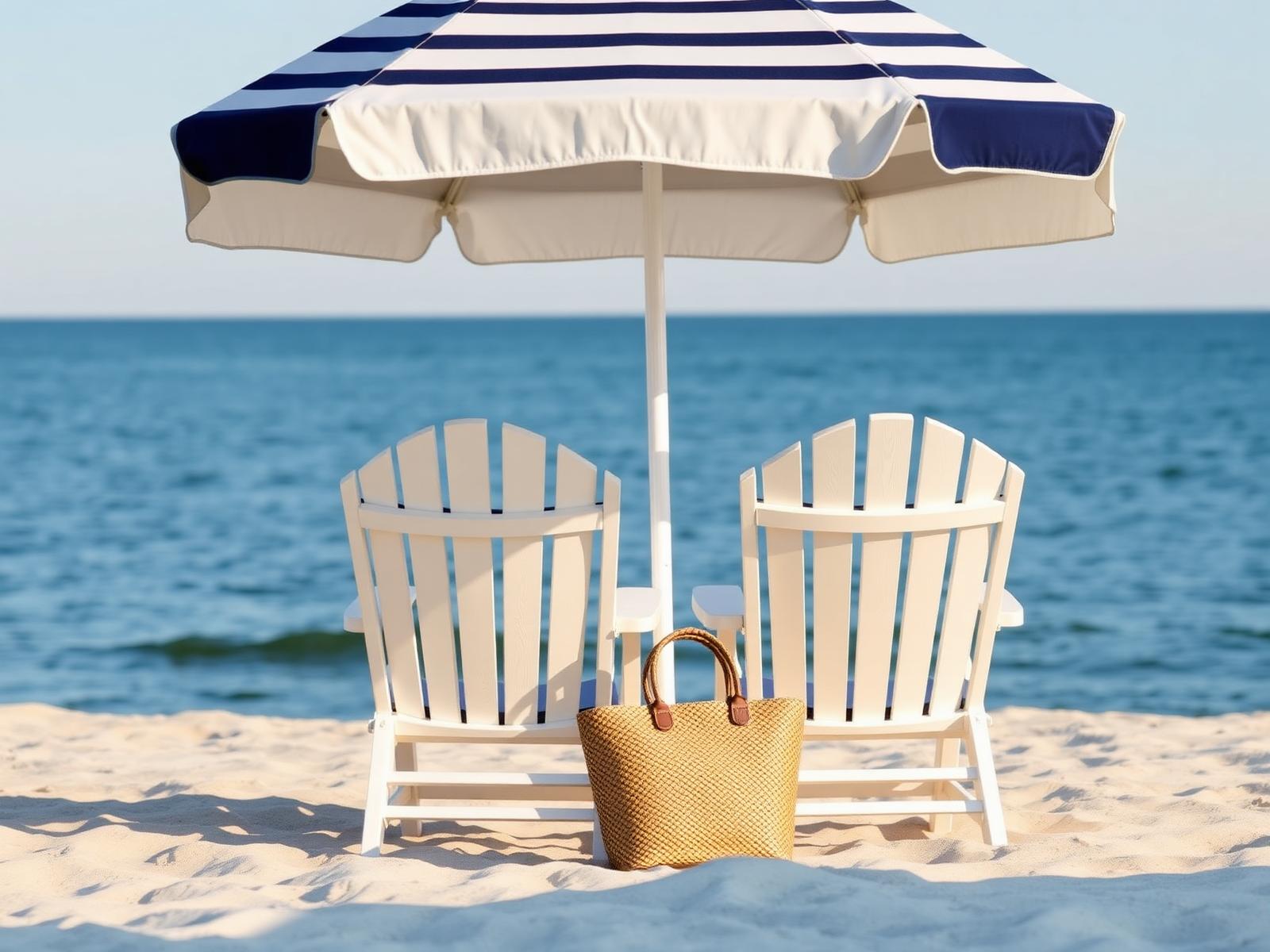 Navy striped umbrella with two white chairs on the beach